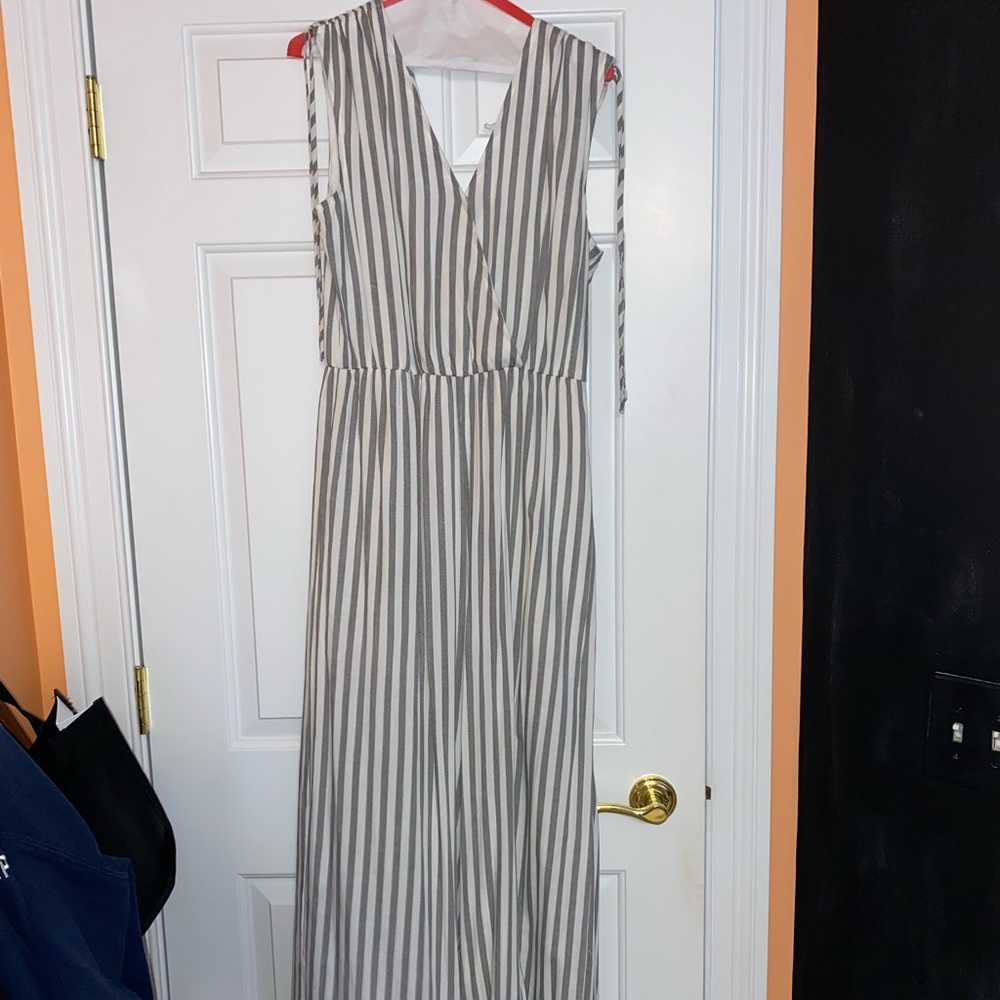 She + Sky gray and white striped jumpsuit